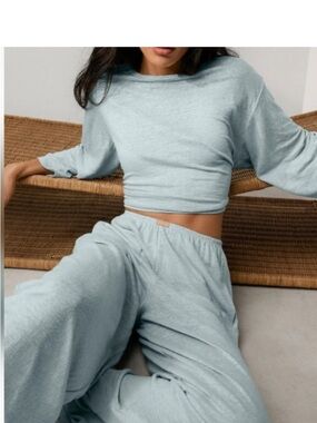 ISO Lunya Siesta Blue Two-Piece Loungewear Set - Cropped Top & Wide Leg Pants